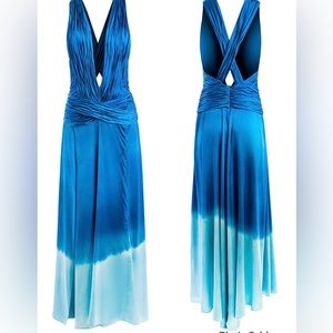 ALEJANDRA ALONSO ROJAS Plunging V Neck Draped Gown Ombre Blue Dress